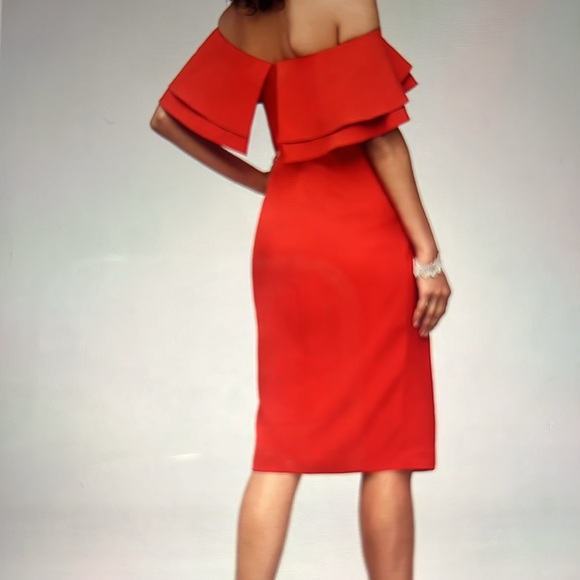 Flounced crepe off-the-shoulder sheath dress - Picture 2 of 5